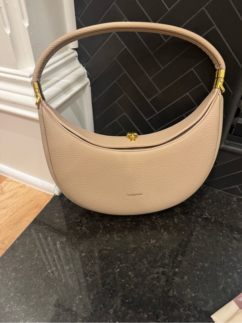 Songmont Beige Crescent Luna Shoulder Bag with Gold Hardware